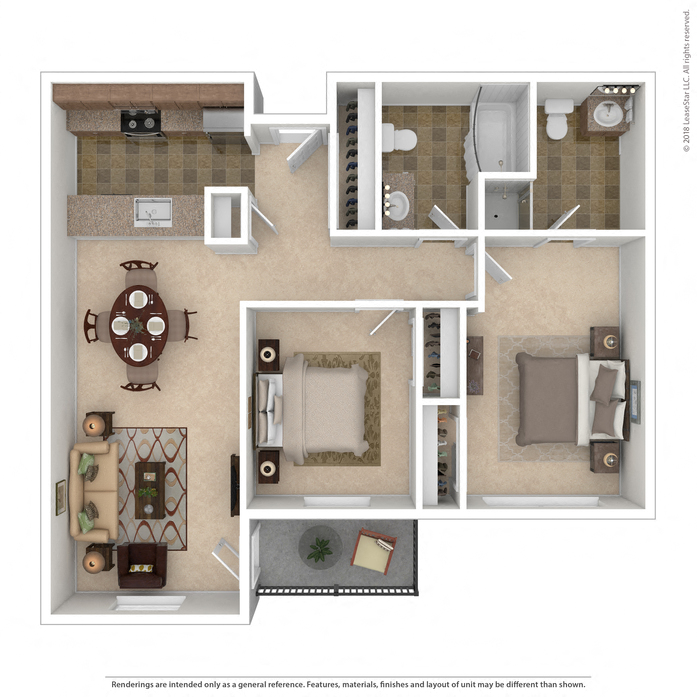Floor plan for 2 beds, 2 baths, 957 sqft